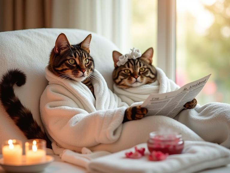 Tortoiseshell cat and tabby cat lounging in a luxurious spa wearing fluffy white robes. Cats have confident playful expressions. Tabby has curlers on her head. Tortoiseshell cat reads newspaper. Surrounding elements include scented candles, rose petals, herbal tea cup. Background is soft pastels with sunlight streaming through window.