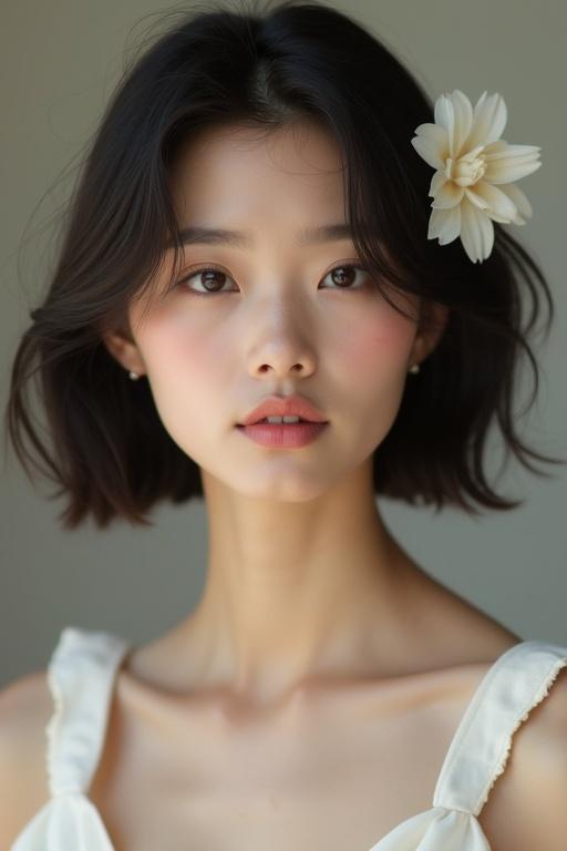 A hyper-realistic fashion photography portrait showcasing a graceful young Indonesian woman. Soft heart-shaped face with gentle contours and high cheekbones. Small to medium nose with a slightly narrow bridge. Light to light-medium skin tone with a fair vanilla hue. Dark brown wide-set eyes with natural lashes and neat eyebrows. Medium-full pink lips with defined cupid's bow. Slim tall supermodel physique at 5'9" with a round dense bust, slim waist and hips, and slender legs. Smooth and radiant complexion under soft lighting. Dark brown glossy hair in a short bob cut with light bangs. A white flower is tucked behind her ear.
