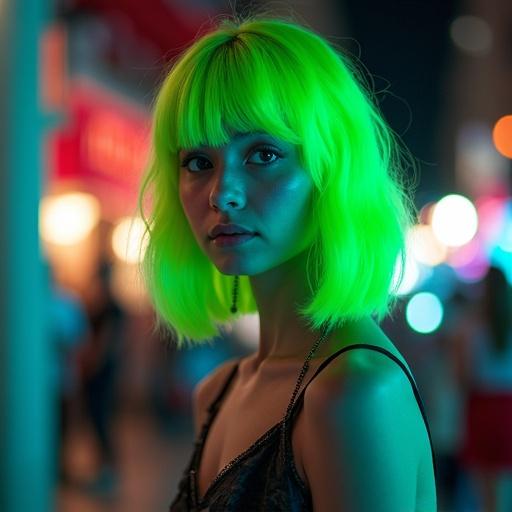 Girl with neon green hair. Candid shot taken in urban setting. Vibrant colors and soft lighting create a lively atmosphere.