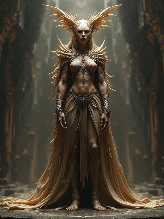 Art of a majestic muscular female figure representing Echidna. Hyper-detailed features with an emphasis on sensuality. Fantasy theme with notable reflective elements. Dynamic pose showcasing strength. High-quality digital art with a remarkable artistic style. Design embodies golden ratio and symmetry.