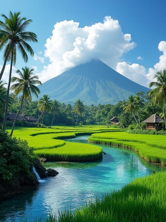 Lush green rice terraces, sparkling turquoise lagoon with a gentle waterfall, tall coconut palms, cozy village huts. Majestic volcano rises under a blue sky, fluffy white clouds shaped like a heart. Scene radiates tropical paradise vibes, blending beauty of nature with dreamlike atmosphere.