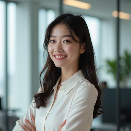 Photorealistic image of a young Japanese woman standing confidently in a modern office setting. She has a warm expression and is dressed in a formal blouse. The background features softened office elements and greenery.