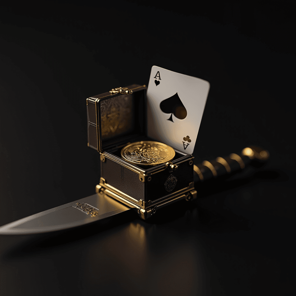 A gold coin and an ace of spades card placed in an ornate box set atop a dagger.