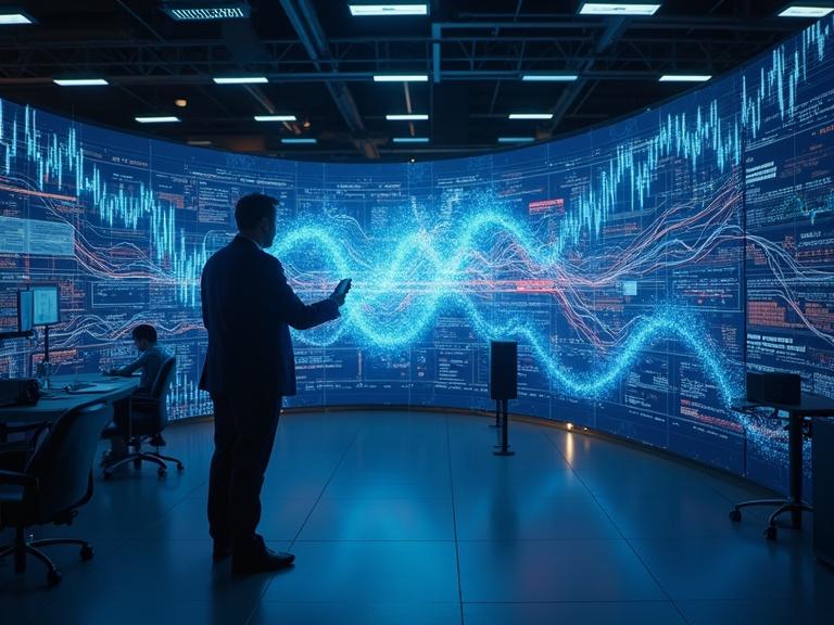 Conceptual lab environment with financial experts using quantum computer interface. Holographic displays show fractal light patterns and data simulations related to stock volatility.