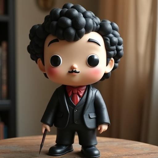 A Funko Pop toy representation of Charlie Chaplin. The figure has curly black hair, a black suit, and a charmingly expressive face. It holds a small cane, embodying the spirit of Chaplin's iconic character.