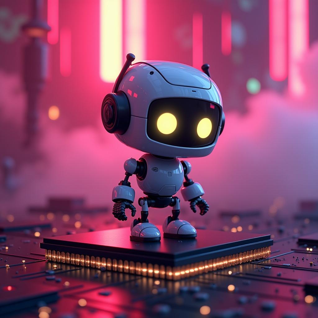 Cute robot stands on a microchip. Background features futuristic pink lighting. Robot has glowing eyes. Digital art illustration.