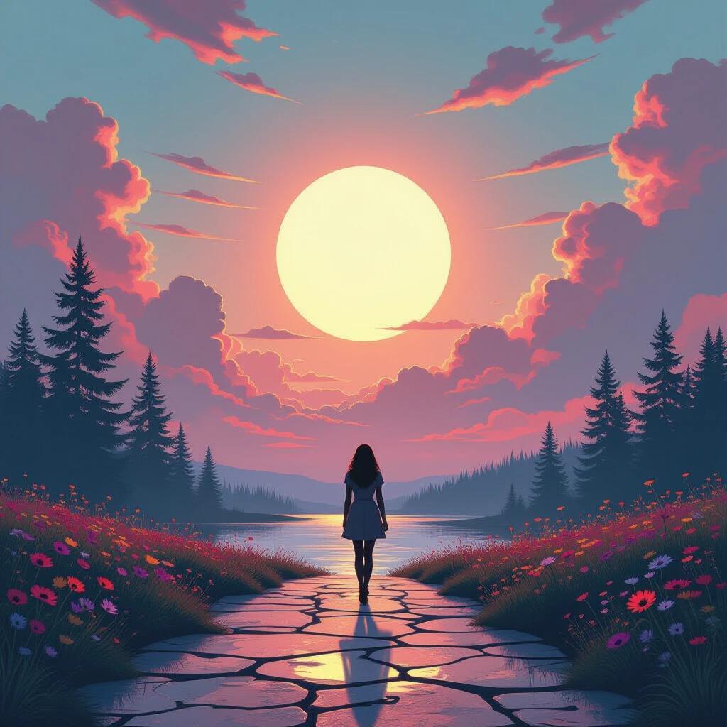 A surreal dreamscape featuring a color-blocked gradient sky. A lone woman in silhouette walks on a cracked stone path. An oversized glowing sun dominates the scene. Painterly clouds float above. Vivid wildflowers bloom along the path. Tall pine trees stand beside a reflective river. The artwork has abstract vertical panel divisions and follows a fantasy matte painting style. Volumetric lighting creates a warm and cool color split, delivering a cinematic composition characteristic of award-winning digital art.