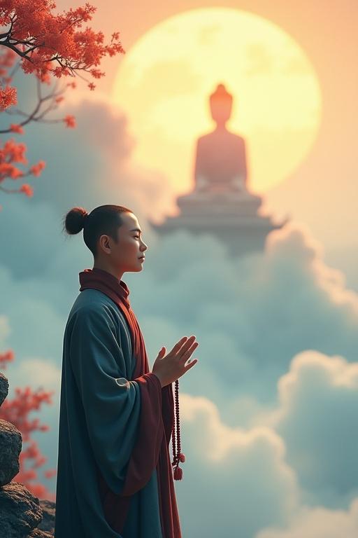 A lone novice monk with large eyes gazes at a Buddha surrounded by clouds. Hands clasped with prayer beads. Soft sunlight in a mythical Eastern world. Ink-wash art style. Ethereal islands in background. Low-saturation tones with bright red-blue accents. Surreal Zen ambiance. Blends Disney-Pixar animation, realistic dynamism, clean lines, and vivid colors. The monk is serene with a gentle smile. Dramatic lighting and shadows. Blurred background features peach trees and spiritual light with golden clouds. Suitable for children's book cover, high definition, C4D.