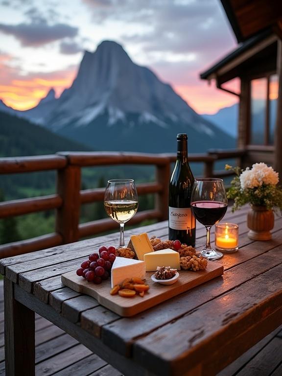 Cozy outdoor patio with wooden deck. Stunning view of mountains at sunset. Table with cheese board, wine glasses, and candle. Warm inviting atmosphere. Perfect for relaxation and enjoyment.
