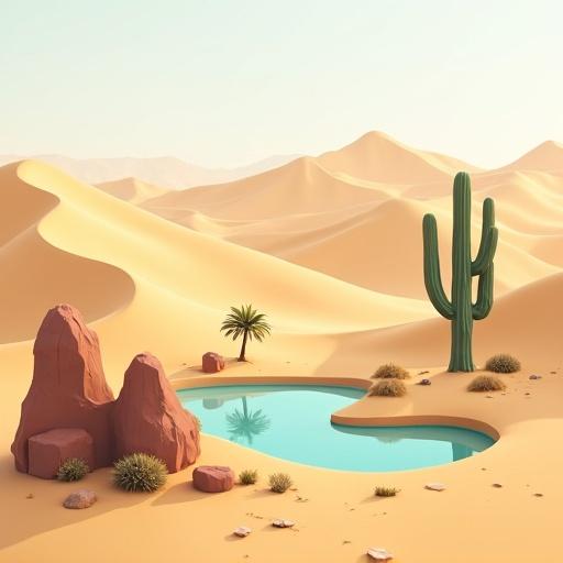 A serene desert scene features sand dunes as gentle hills, a solitary cactus on the right, desert shrubs in the foreground, a rugged rock formation on the left partially buried in sand, and a tiny oasis with a palm tree and water pool near the center.