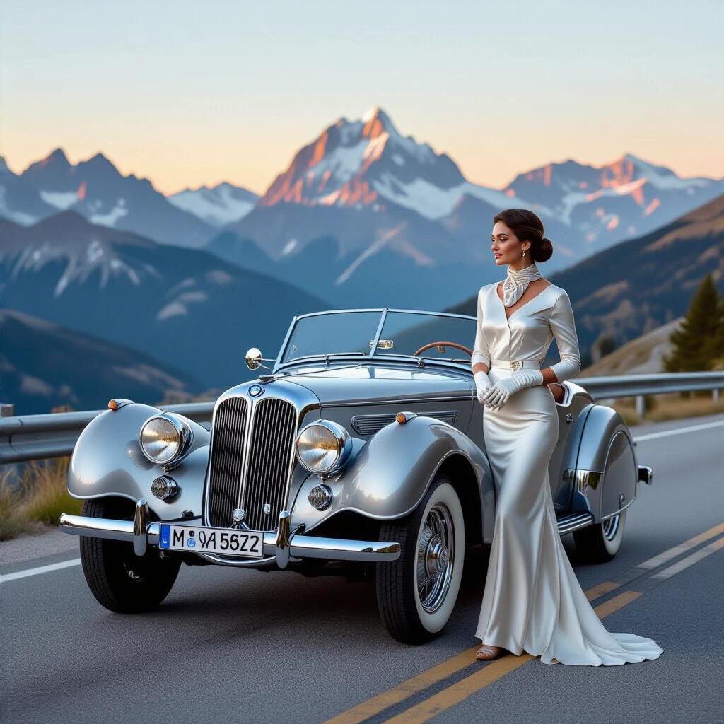 1936 roadside elegance scene featuring a silver BMW 328 Roadster. Car with closed hood and steam wisps. Woman in silk driving suit adjusting glove on scenic mountain road at golden hour. Shot on Leica III camera. Focus on woman's profile with background of majestic mountains.