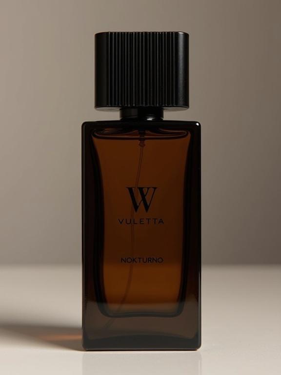 A square wide rectangular fragrance bottle with dark amber glossy finish. The top is a vertical wide square ribbed design. Brand name VULETTA is in smaller minimalistic black embossed font and fragrance name NOKTURNO is in bold modern black lettering on the front. The design exudes luxury and sophistication.