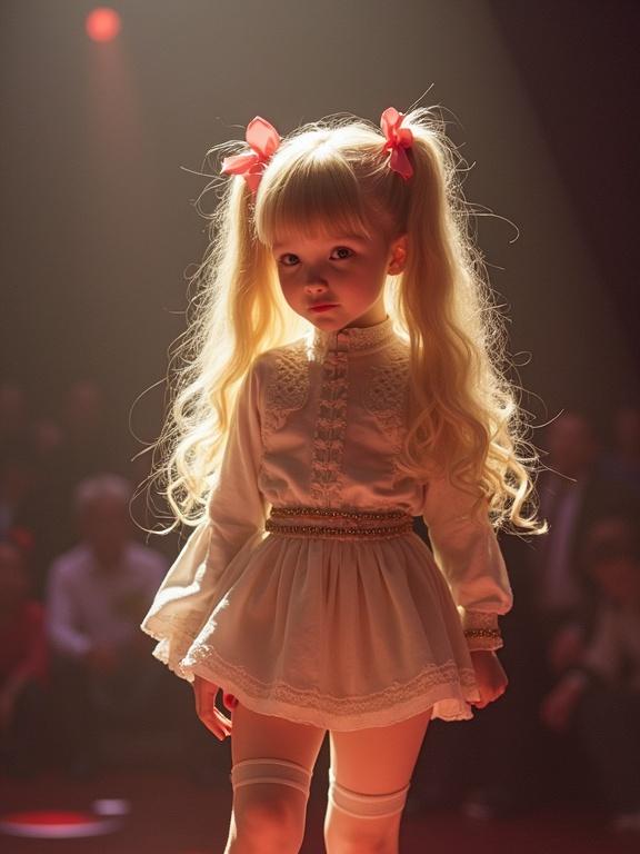 A young girl with long blonde hair wearing twin tails and bows stands on stage. She wears a micro skirt and thigh-high stockings. The image captures a dance performance with dramatic lighting. The scene is simple yet evocative of a youthful talent display.