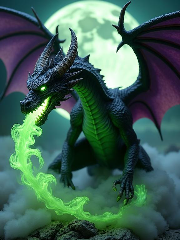 Intricate resin figure of a Dark Dragon in a dark environment featuring a full moon. Large backward-curving horns accompany open bat-like wings highlighted with purple. The body displays glossy black scales accented with purple and a green underbelly. The dragon leans forward aggressively with its mouth open releasing spirals of bright green fire. The eyes glow neon green. Surrounded by dark clouds and green smoke coupled with rays of magical light.