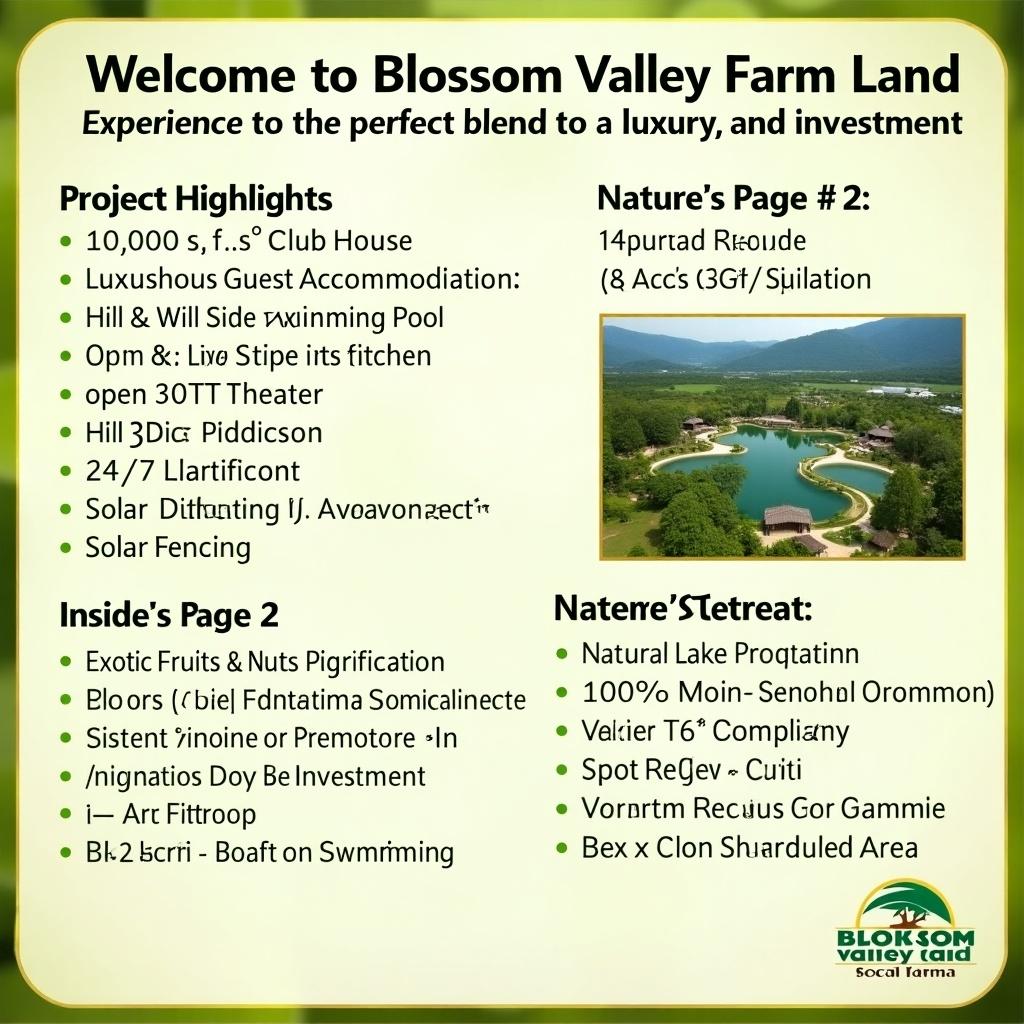 Promotional image for Blossom Valley Farm Land. Highlights nature luxury investment opportunities. Features lavish amenities and beautiful landscape. Inviting atmosphere with security and ecological considerations.