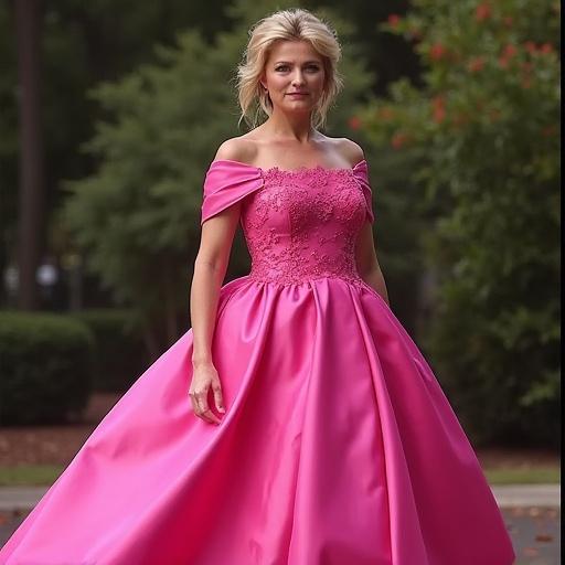 Model wearing a pink dress standing outdoors. Dress features off-shoulder design and lace details.