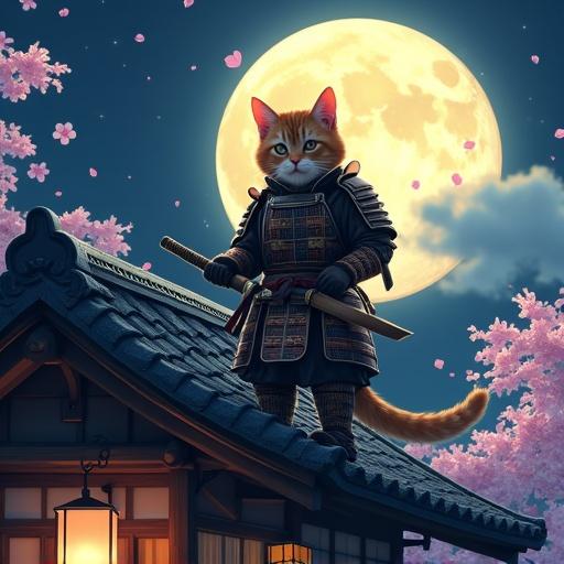 Majestic ginger tabby cat in samurai armor on roof of traditional Japanese house at night. Cat holding katana. Giant full moon illuminates scene. Surrounded by cherry blossom petals. Armor with intricate lacquered plates and kabuto helmet with cat-ears. Dark blue shadows and warm lantern lights from house. Studio Ghibli meets ukiyo-e art style. Highly detailed with vibrant colors. 8K resolution, cinematic lighting.