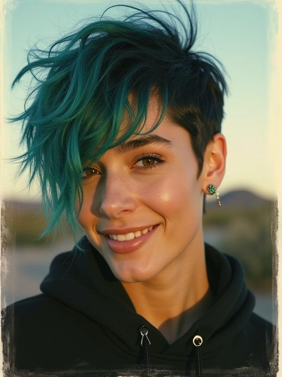 A photograph capturing a woman with layered black and turquoise hair. She wears a black hoodie. Amber eyes and a soft smile. The hairstyle is a tousled angled pixie cut. Small skull earrings adorn her ears. Arizona sun sets in the background.