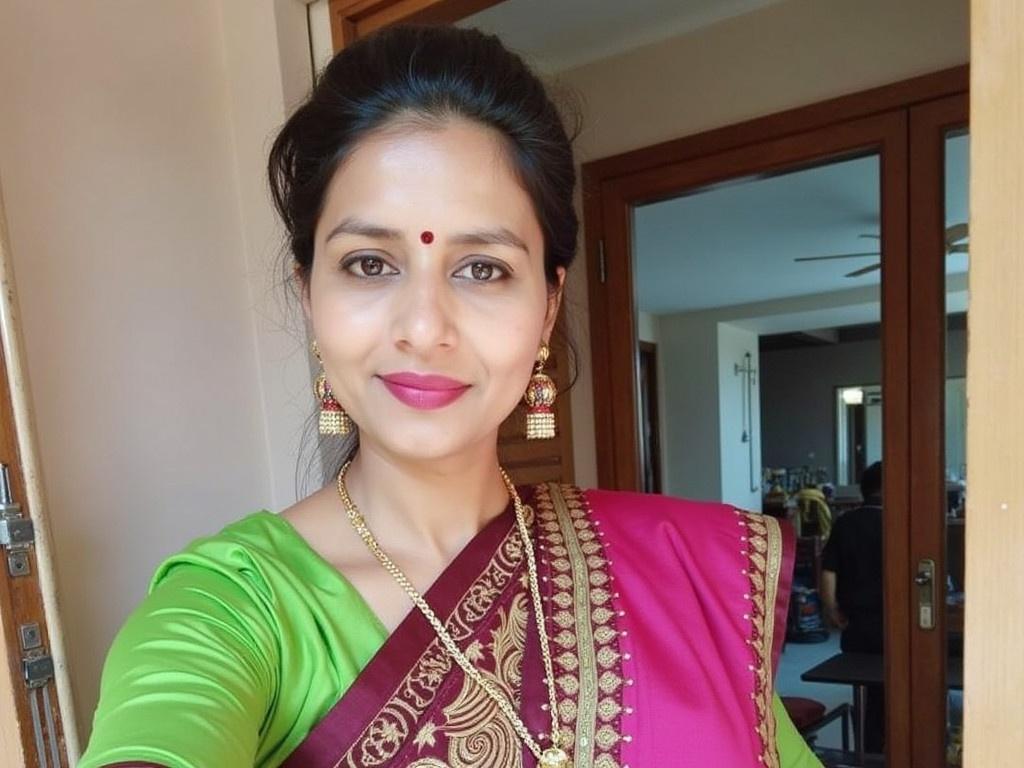 The image shows a woman posing for a selfie while standing near a door. She is wearing a colorful saree that blends shades of green, maroon, and pink. The saree has intricate designs woven into its fabric. Her hair is neatly styled, and she is adorned with traditional jewelry, including earrings. There is a decorative dot on her forehead, which is a common element in many cultural practices. The background shows a room with a ceiling fan and some furniture visible, adding a homely atmosphere to the image.