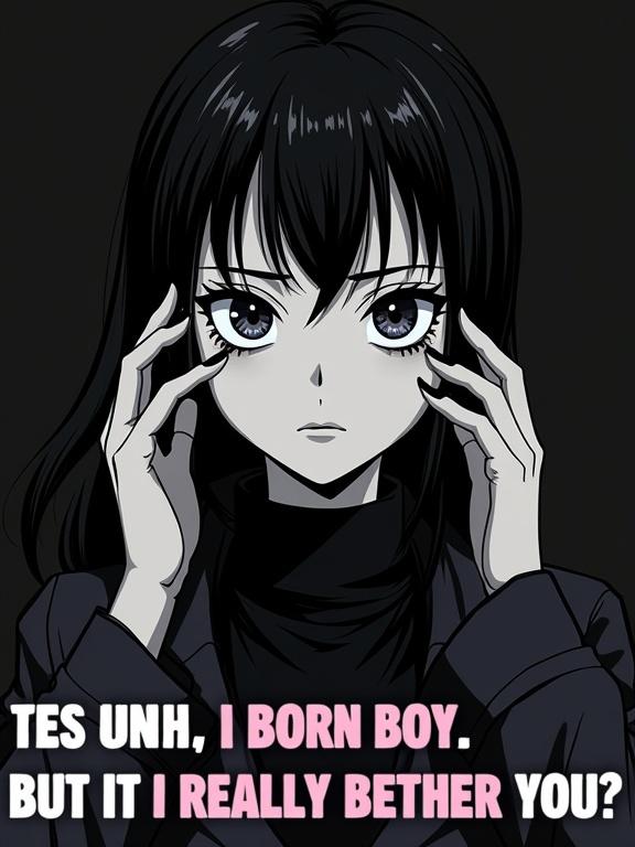 Dramatic anime portrait of a woman with dark coat in close-up. Large eyes and intense expression. Black and white with text overlay.