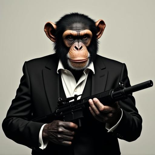 Chimpanzee dressed in a black suit with white shirt. Chimpanzee holding machine gun. Digital art with humorous context.