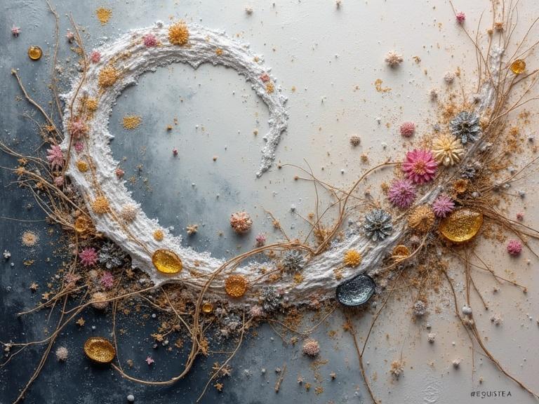 Exquisite art with oil splashes and texture play. Thick textured impasto with splashed milk. Multi-layered collage with newspaper, jute fibers, wood, sand, glittering confetti, origami elements. Close-up digital art featuring scratches and drops. Silver bioluminescent effects add depth.