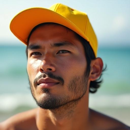 Close-up shot of a Taiwanese man outdoors. He has a neatly trimmed beard without a mustache. Very short hair and wearing a bright yellow cap backward. Captured during sunset with warm colors.