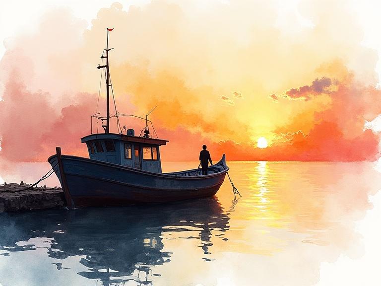 A watercolor painting features an old boat at a dock during a vibrant sunset. The artwork combines Chinese ink painting techniques with modern stylized watercolor. Vivid sunset hues and white space are emphasized.