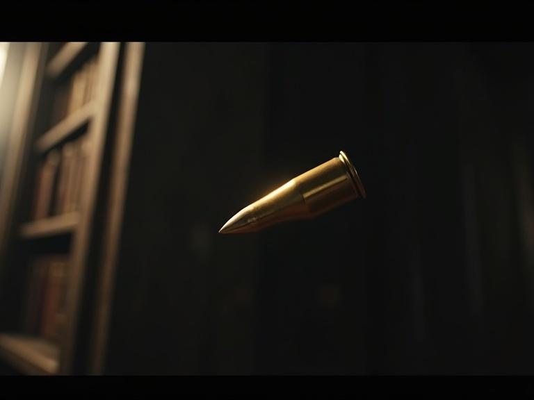 Golden bullet flies in slow motion through a dark room towards an old wooden bookshelf. Cinematic mood dark lighting 4K photorealistic.