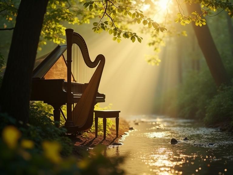 Cinematic still life of vintage piano near a sunlit creek. Warm morning light filters through forest leaves. Golden dust particles visualize a harp glissando. Soft bokeh effect. Rule of Thirds composition with negative space for text overlay.