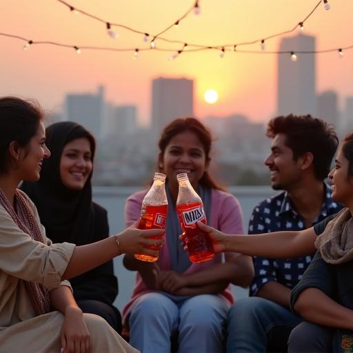 Group of Bangladeshi young adults sitting on a rooftop. They are laughing and clinking glass bottles of MAXX COLA. City skyline is in the background. Fairy lights are strung above. The atmosphere is relaxed and joyful. They are wearing casual South Asian clothing. A light breeze is visible in their scarves and hair. The scene captures sunset tones with a cinematic filter.