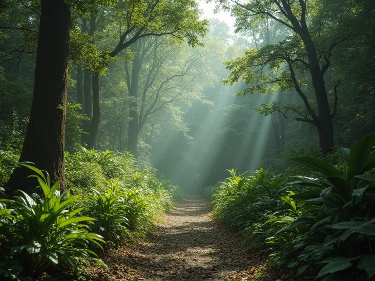 Forest scene with sunlight streaming through trees. A narrow path leads through lush greenery. Soft light creates a serene atmosphere.