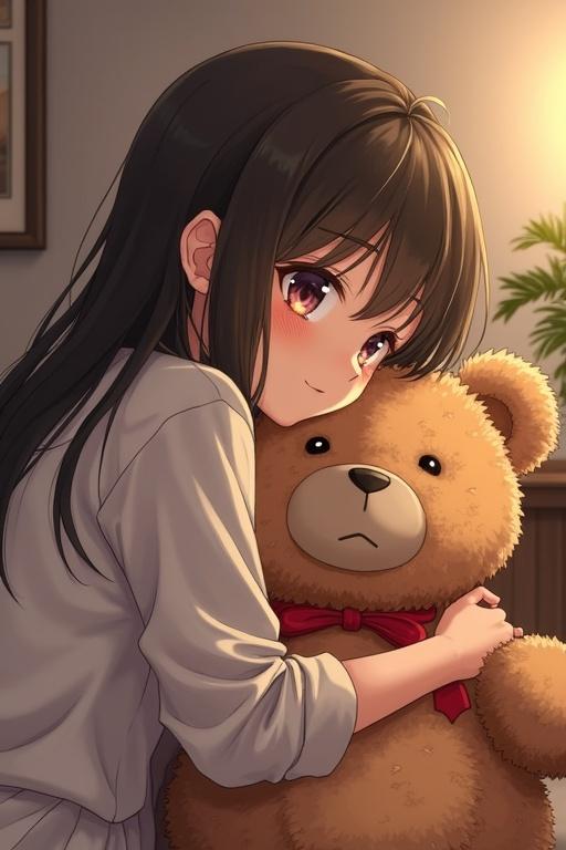 Manga illustration of a teenage girl cuddling with a teddy bear in a cozy setting.
