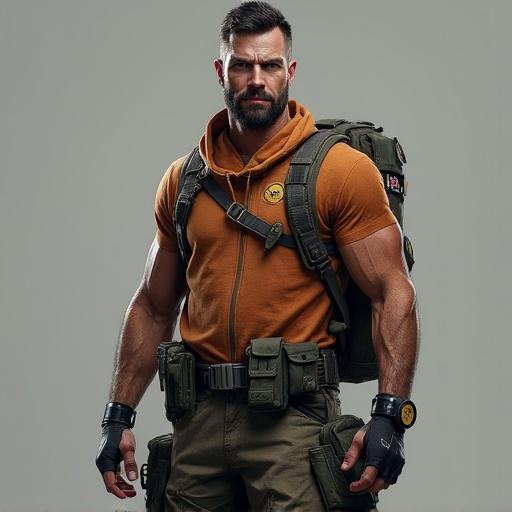 Survivor man wearing military style equipment. Game ready character in detailed design. Full body front view T-pose. High resolution 4k image.