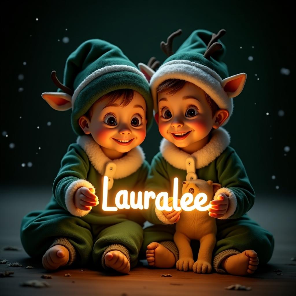 Image features two elves sitting together in festive attire. Dark background enhances glowing message 'Lauralee' in their hands. Warm atmosphere evokes holiday spirit. Charming scene perfect for Christmas celebrations.