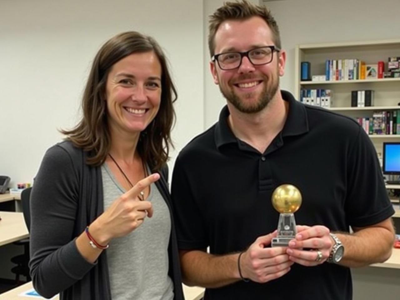 In a brightly lit office environment, two individuals are posing together in front of a camera. One person, a woman, is pointing excitedly at the other, while the other person, a man, holds up a trophy with a unique design. The woman is dressed casually in a light top with a dark cardigan, while the man is in a black polo shirt. The trophy appears to have a golden top and a clear base, suggesting it is an award of some significance. In the background, there are shelves and items typical of a workspace, adding to the professional atmosphere of the setting.