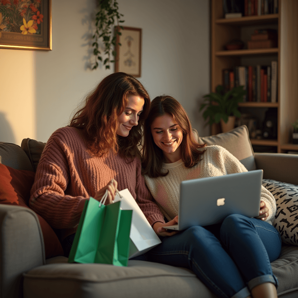 Two women enjoying online shopping on a couch surrounded by soft lighting and shopping bags.