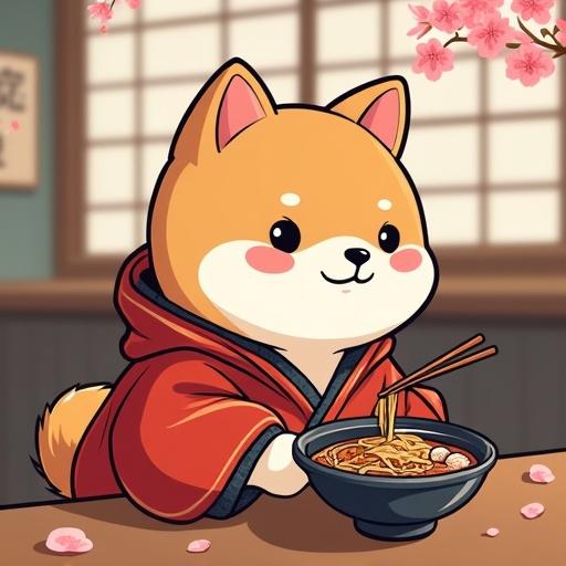 Kawaii chubby shiba inu in a traditional Japanese happi coat. Sitting in a cozy ramen shop. Holding chopsticks with a colorful bowl of ramen. Cherry blossom petals floating around. Retro anime art style with modern kawaii culture. Soft pastel colors with warm lighting. Chibi proportions. Marketable and cute design.