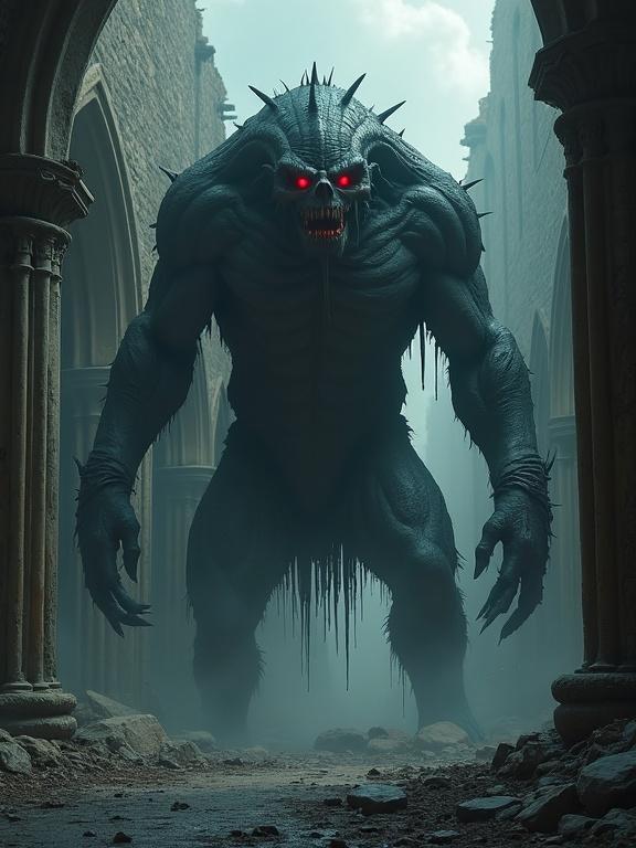 A massive grotesque monster with glowing red eyes and slimy black skin emerges from the shadows of a ruined cathedral.