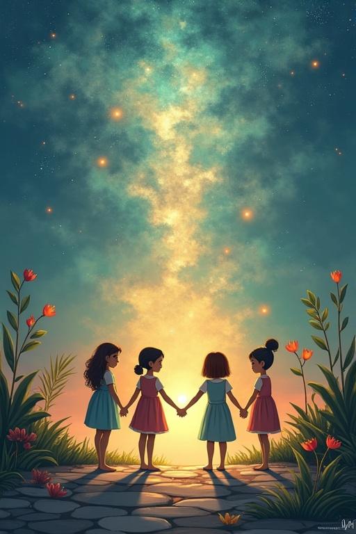 A scenic illustration showing four children holding hands facing a bright horizon. They stand on a path surrounded by tall trees with stars and a crescent moon visible. The atmosphere suggests friendship and adventure.