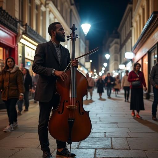 Photo of an African male street musician performing Double-Bass at night on a busy London street. People in European and Middle Eastern clothing are walking past. Scene illuminated by moonlight and streetlights.