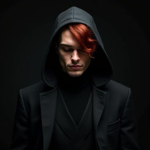 European male with unique hair color, hooded and looking down, wearing sophisticated attire in dark setting, illuminated softly from above