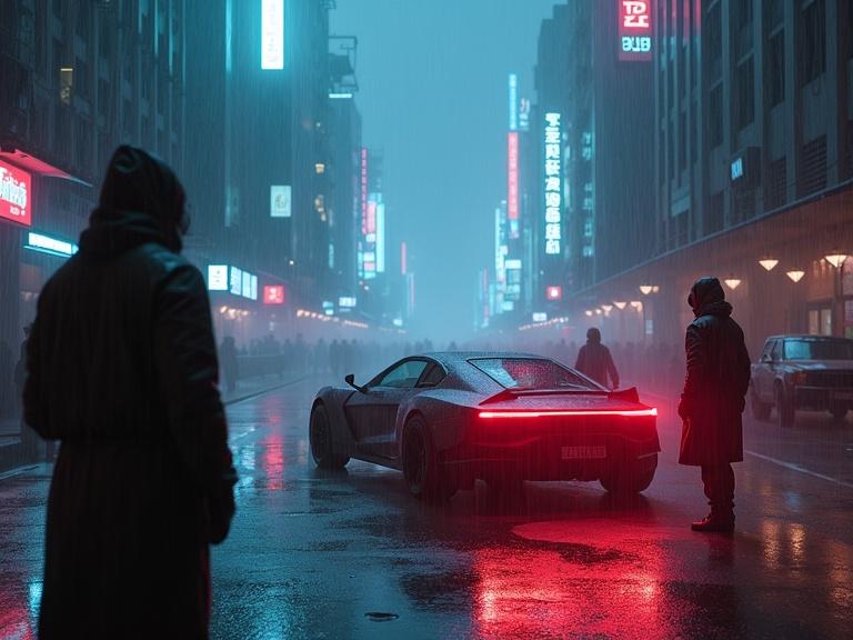 Tense standoff in cyberpunk city. Heavy rain falling. Neon lights flickering. Characters cloaked in shadows. Glowing holograms and dilapidated buildings in the background. Futuristic car at center. Emotional intensity present. Cinematic composition.