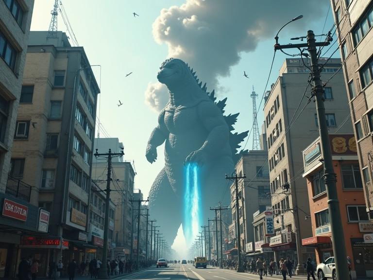 Cinematic low street view of detailed grey 350 ft Godzilla on the street. Godzilla blasts blue glowing breath at buildings. Realistic explosion on very tall skyscraper. People running in panic. Traffic and stores visible. Signs present. Ash debris falling. Light poles alongside. Tokyo Japan city setting. Towers, power lines, train car, and tracks evident. Thick dark smoke clouds above. Fog with bright sunny and blue sky. Shadows create a realistic feel.