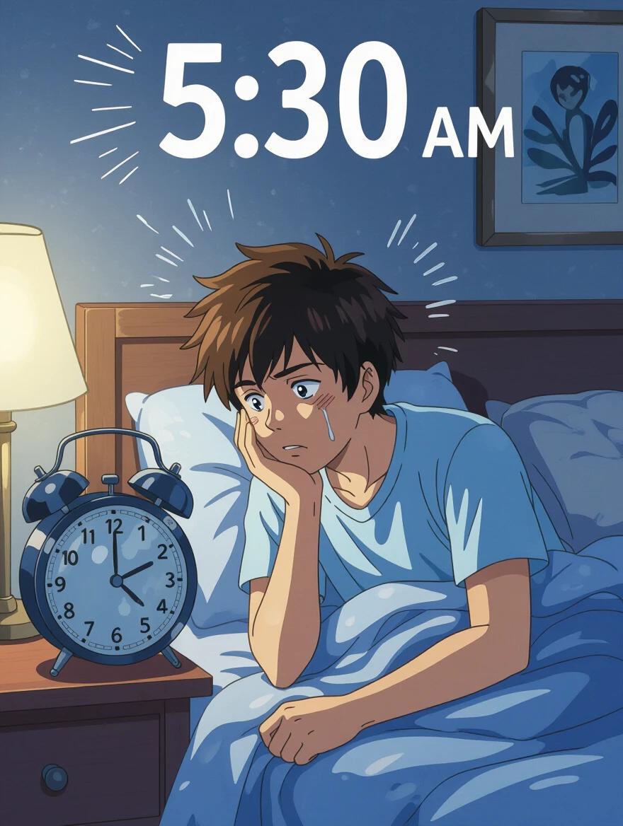 Protagonist in bed wakes up to alarm clock at 5:30 AM. Expression shows tiredness with heavy eyes. Bedside lamp casts soft light. Alarm clock visible beside the bed.