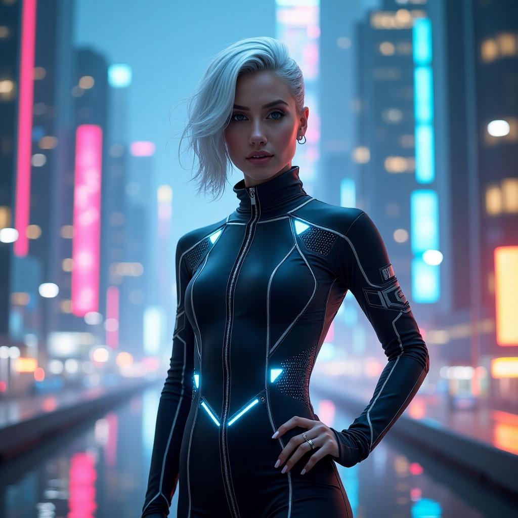 Figure in a futuristic outfit standing in a neon-lit urban setting. Background features tall buildings and a reflective surface, creating a moody atmosphere. Focus on modern design elements. Emphasizes cyberpunk aesthetics.