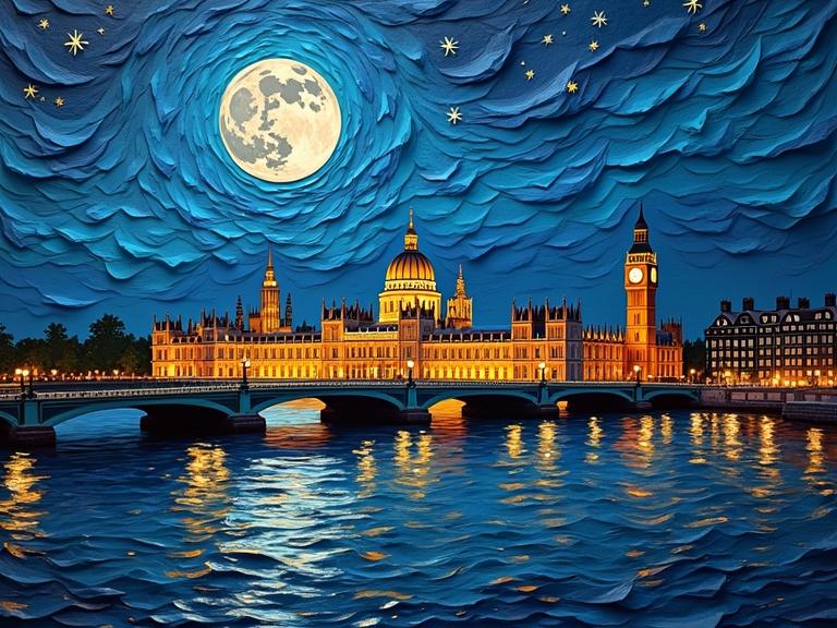 Papercraft representation of the London skyline at night. Full moon shines over the city. Details include Buckingham Palace, bridge, and trees. Reflections on the river. Thick textured layers in vibrant colors. Starry sky reminiscent of Van Gogh. Panoramic cityscape view. Nighttime ambiance with warm city lights.