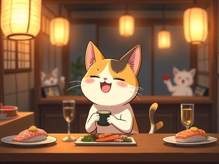 Cheerful calico cat sitting at a cozy izakaya counter. Cat holds a tiny sake cup. Surrounded by warm lantern light. Traditional wooden interior with plates of sushi and grilled fish. Other animals enjoying drinks. Lively atmosphere. Anime style. Highly detailed. Warm color tones.