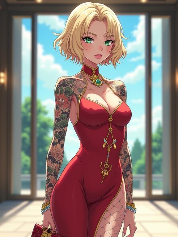 Anime character depicted as a beautiful woman. She has emerald green eyes and light blonde wavy hair. Skin tight red dress with tattoos and jewelry. Futuristic and luxurious setting. Characters expressing admiration. Carrying a designer bag.