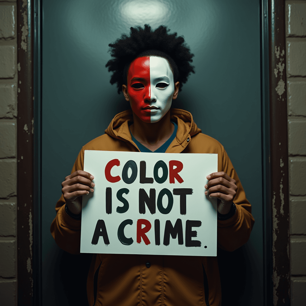 A person wearing a half-painted mask holding a sign that says 'Color is Not a Crime.'